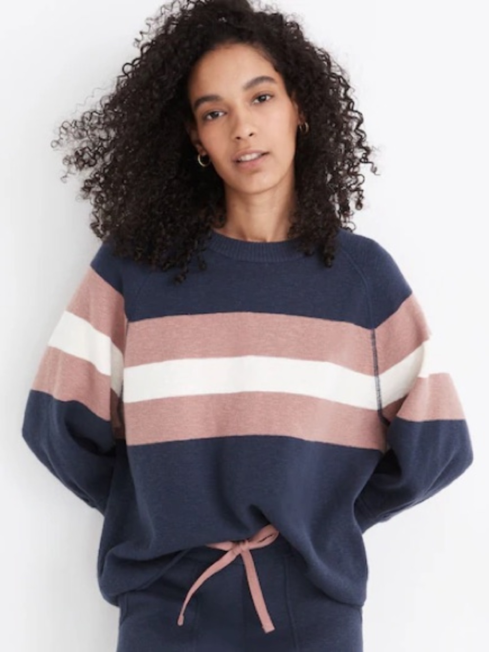 Madewell Navy Crewneck Cotton Sweater Dusty Rose, White Stripes Sz M Casual Chic